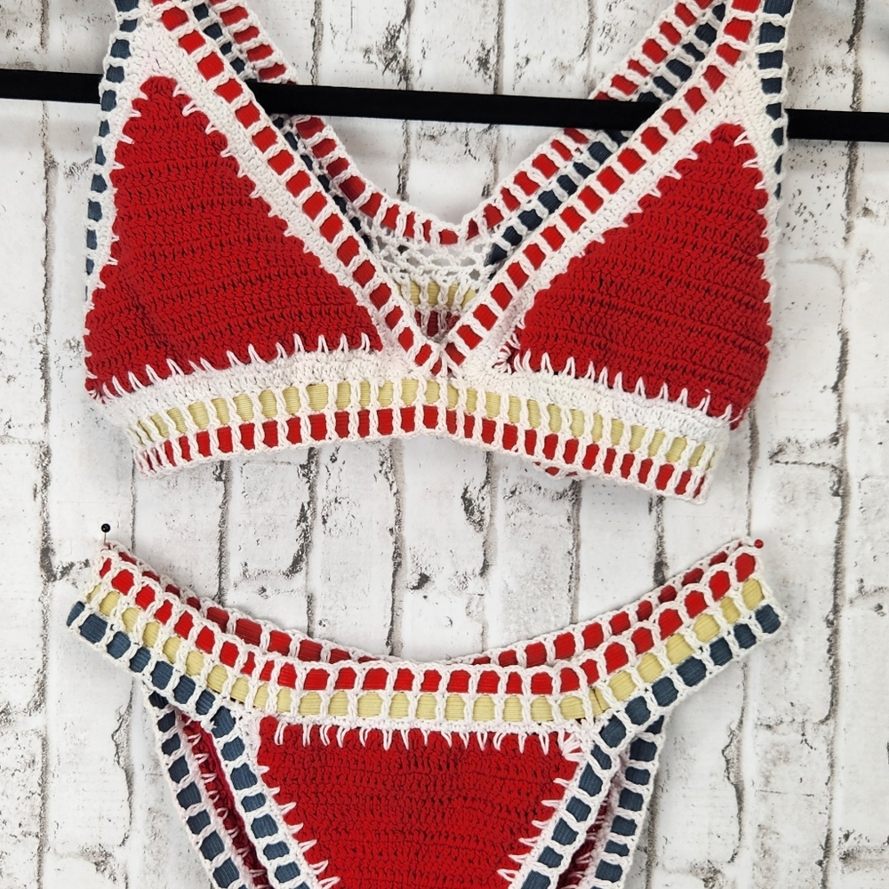 BEACH JOY  Crochet Bikini Swimsuit XL , Boho Hippy,  red & white